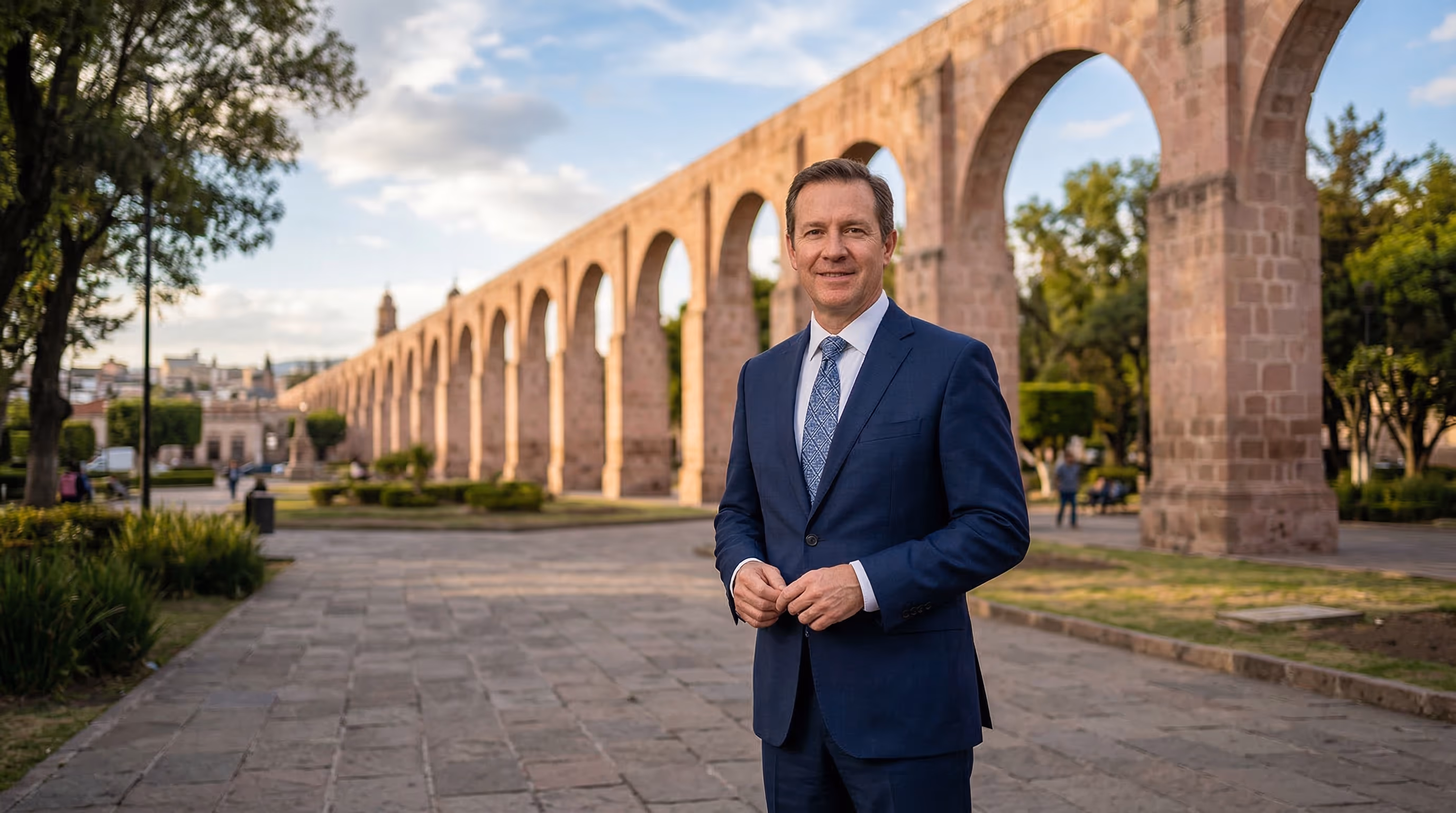 Lic. Edgar Montes de Oca Hernández frente al Acueducto de Morelia